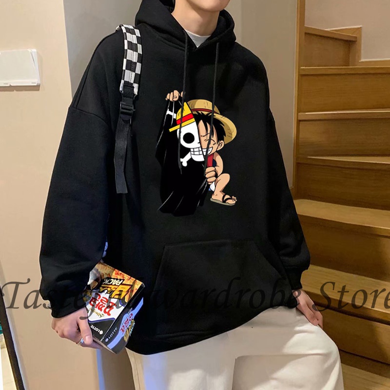 Jaket Hodie Anime One Piece Luffy Pria Wanita Sweter Aesthetic Simple Animasi Hip Hop Kpop Japan Sty