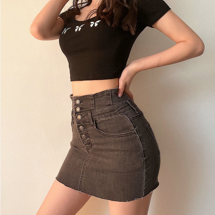 Rok Denim Rok Pendek Wanita Rok Jeans Melar Rok Stretch Rok Pinggang Tinggi Elastis untuk Wanita Rok Pendek a-line slim fit all-match Rok Highwaist Fashion Seksi