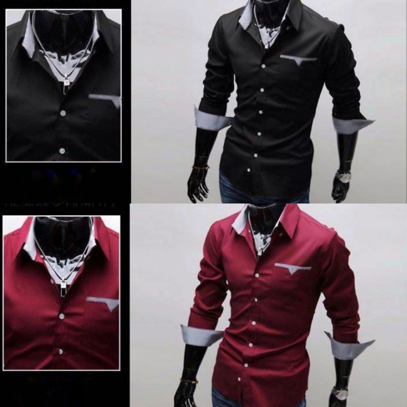 KEMEJA COWOK KEKINIAN WARNA HITAM MAROON ALLSIZE BAHAN KATUN PRODUK PROMO FYP VILAR BUSANA LAKI LAKI
