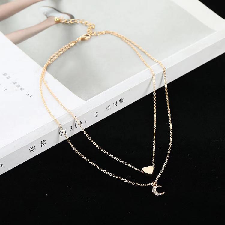 Kalung 2 Bandul Untuk Wanita / Kalung Liontin Love Bulan Sabit Korean Fashion Wanita Import