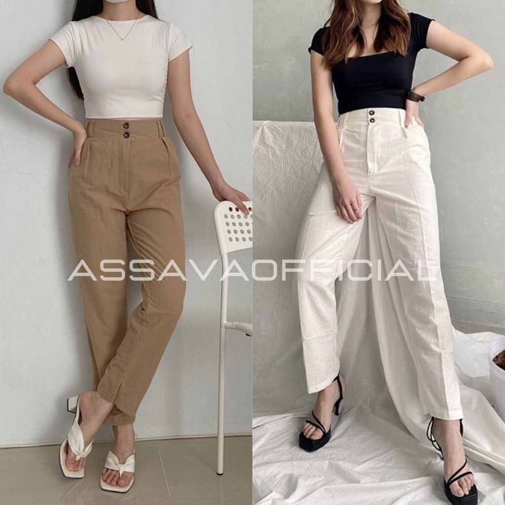 Celana Linen Highwaist Bahan Rami Linen - Linen Pants - Celana Kantor