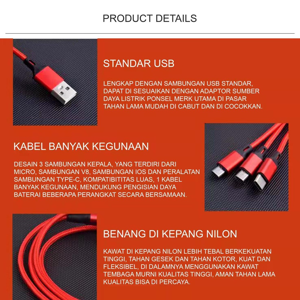 Kabel data pengisian flash 5A 2A iPhone Android kabel data tipe-c kabel data tiga kepala Kabel data untuk Xiaomi, Huawei, OPPO