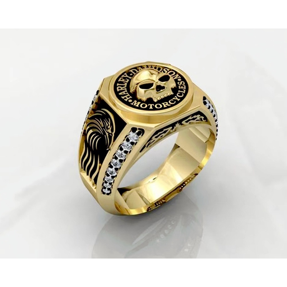 Cincin Pria Model Double Blade Desain Jangkar Tengkorak Bajak Laut Bahan Stainless Steel 316L 14K Gold