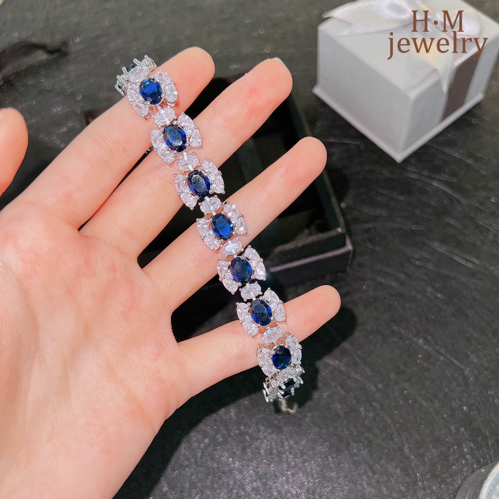 Gelang Tangan Sterling Silver 925 Aksen Batu Sapphire Biru Terang Untuk Wanita