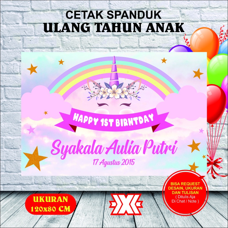 Banner ulang tahun anak perempuan unicorn custom