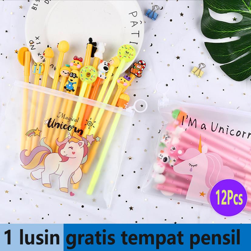 

COD 1 LUSIN PULPEN GEL MOTIF FREE TEMPAT PENSIL TRANSPARAN UNICORN PP28