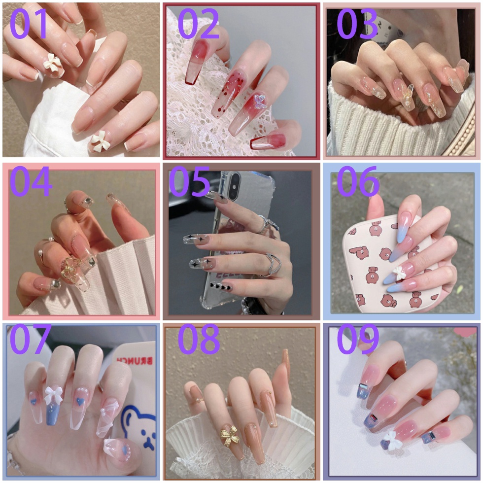 24pcs / Set stiker kuku palsu anti nail air 3d imlek kuku palsu murah pengantin panjang pendek anak bening polos wedding kaki manikur set nail sticker art