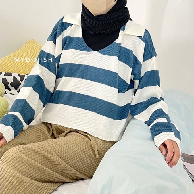 HOPYLOVY - Fuji Crop Top Rajut/Blus Rajut Danira /Blouse Blaster/rajut blaster/Baju Fuji/atasan rajut belang