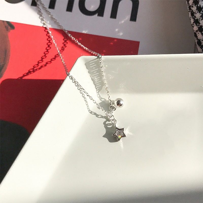 FerenHongXia Kalung Bintang Korean Simple Pentagram Star Bell Pendant Silver Necklace Clavicular Chain