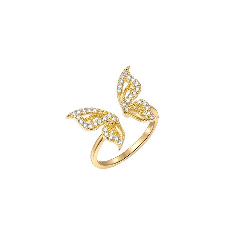 14K Gold-plated Sparkling Zirconium Diamond Butterfly Ring Open Ring Premium Adjustable Ring