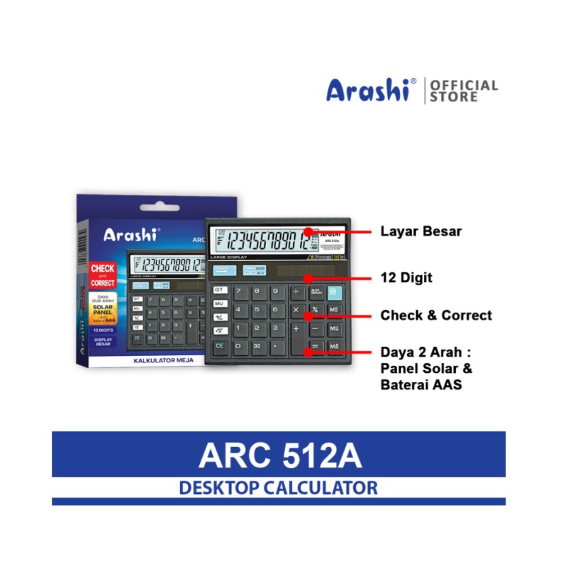 Arashi Desktop Calculator - Kalkulator Meja Dagang 12 Digit Check And Correct ARC 512A / ARC 512 A / ARC 512B - 512 B