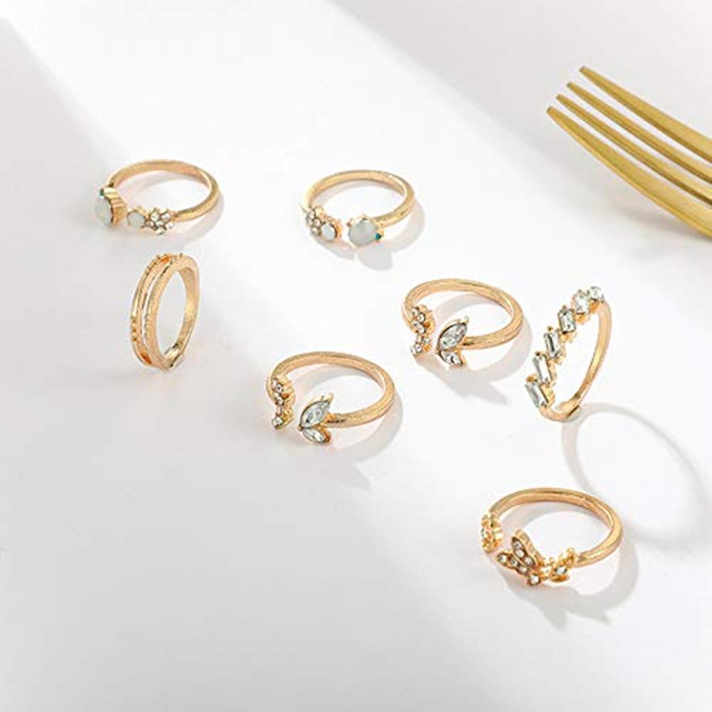 Lily 7pcs Perhiasan Cincin Vintage Bunga Berlian Imitasi Open Ring