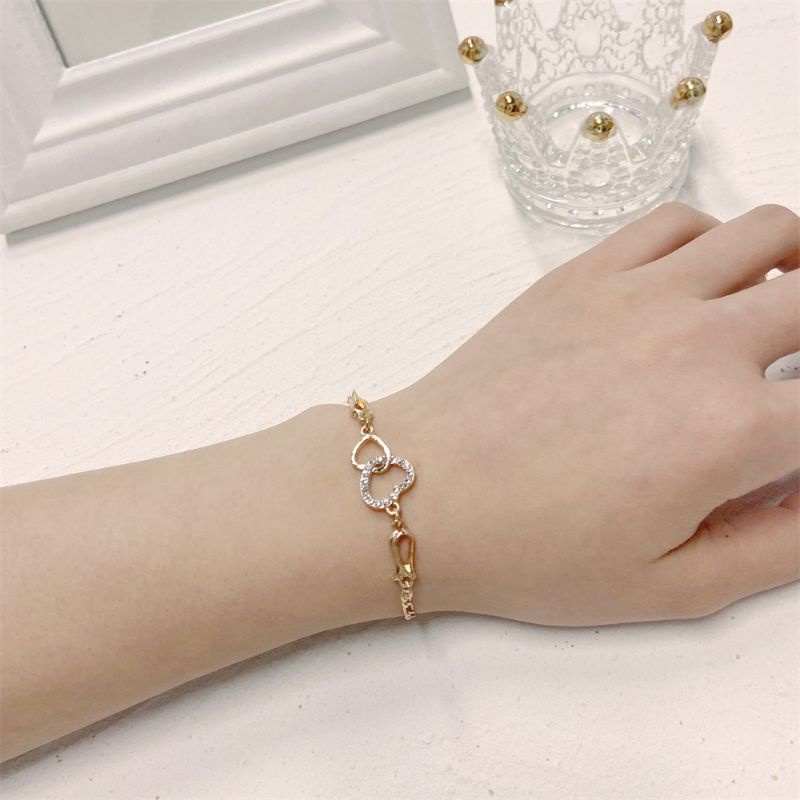 FERENHONGXIA Fashion Hollow Double Love Wanita Gelang Berlian Berbentuk Hati Wanita