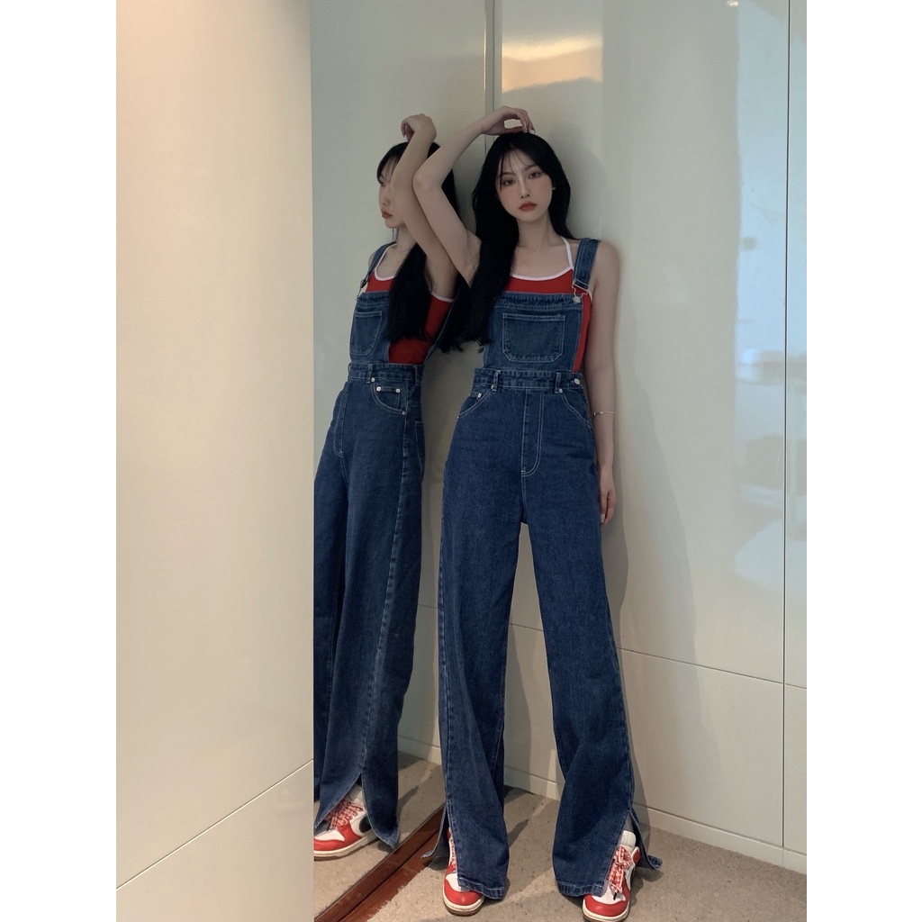 Gaya Korea Jeans Retro Denim Overall Wanita Pinggang Tinggi Longgar Kaki Lebar Celana Mengepel Musim