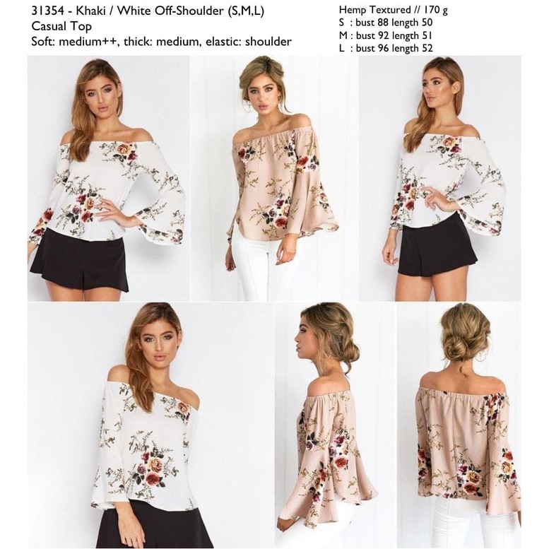 Khaki,White Off-Shoulder (S,M,L) - Casual Top -o1354 impor