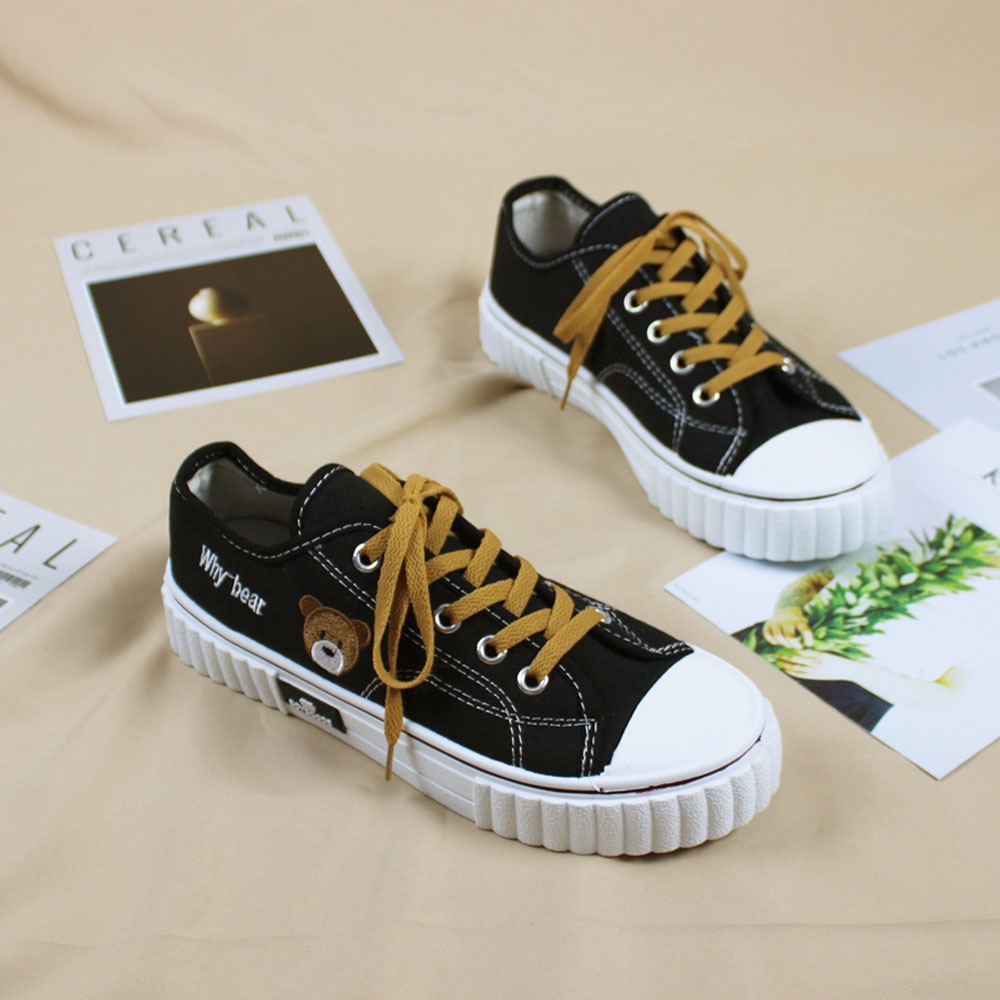 Sepatu Sneakers Korean Style Boyscode Why Bear Pendek Hitam Coklat / Sepatu Korea Kanvas Beruang Black