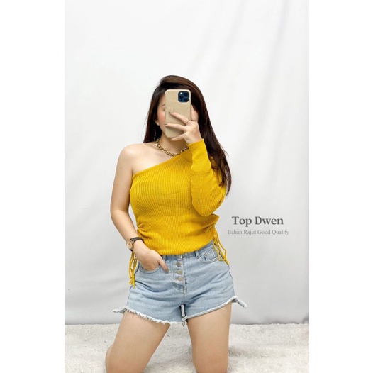 MDLV TOP DWEN RAJUT TOP ONE SHOULDER CROP SERUT RAJUT ATASAN CROP SEXY KOREA TERBARU FASHION WANITA