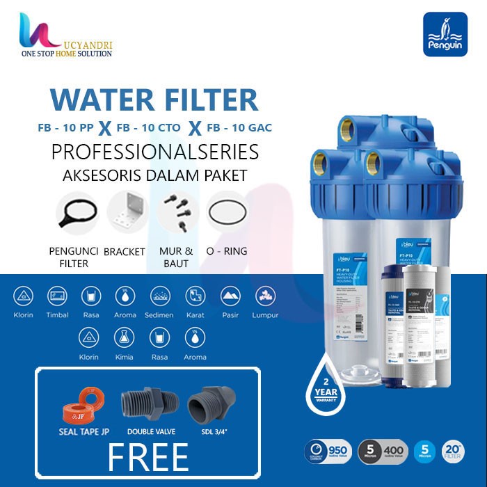 PAKET FILTER AIR Penguin Lengkap PRO Bleu Kuningan 10in Saringan Air