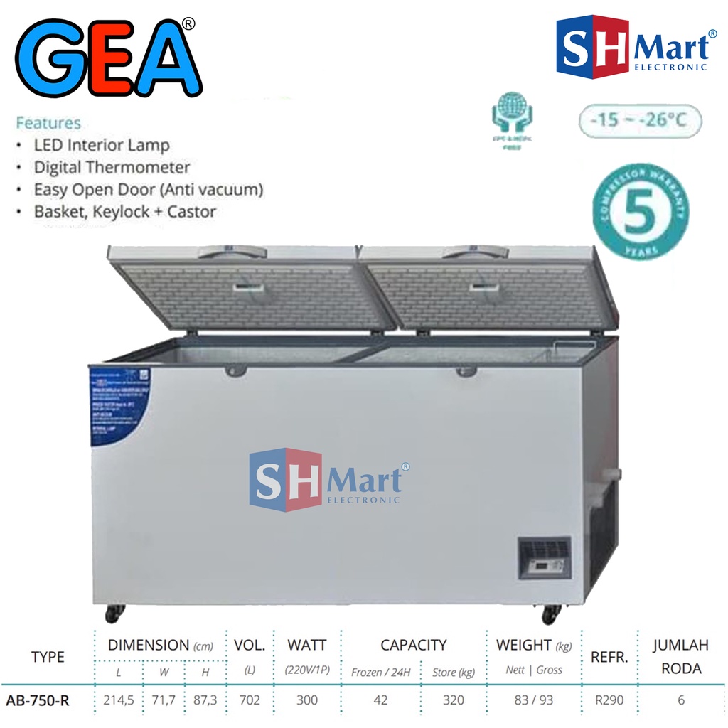 CHEST FREEZER GEA KAPASITAS 702 LITER AB-750R AB750R FREEZER BOX 2 PINTU GARANSI RESMI (MEDAN)