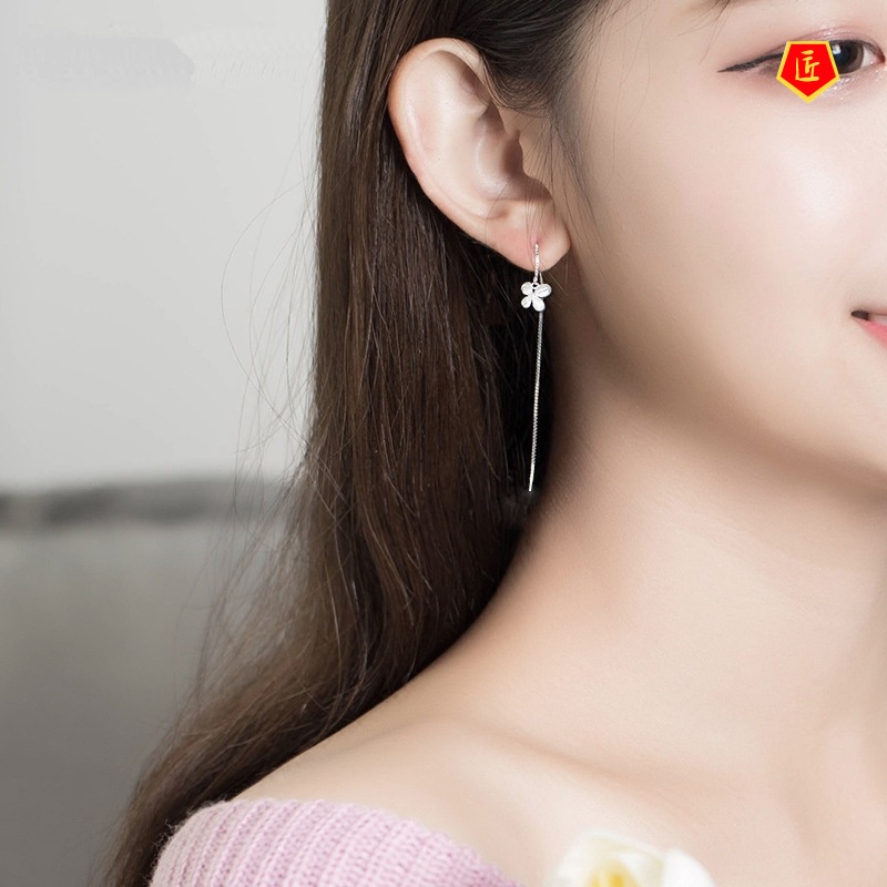 [Ready Stock]Hanging Earrings Women's Long 925 Silver Simple Flowers Elegant