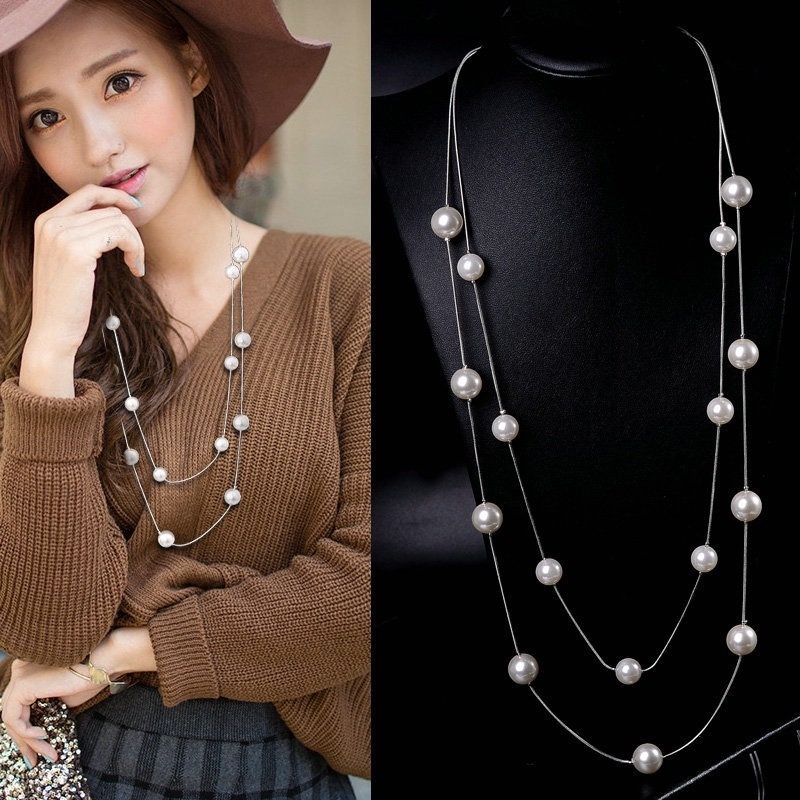 Kalung Rantai Panjang Double Layer Aksen Mutiara Buatan Gaya Korea Untuk Wanita