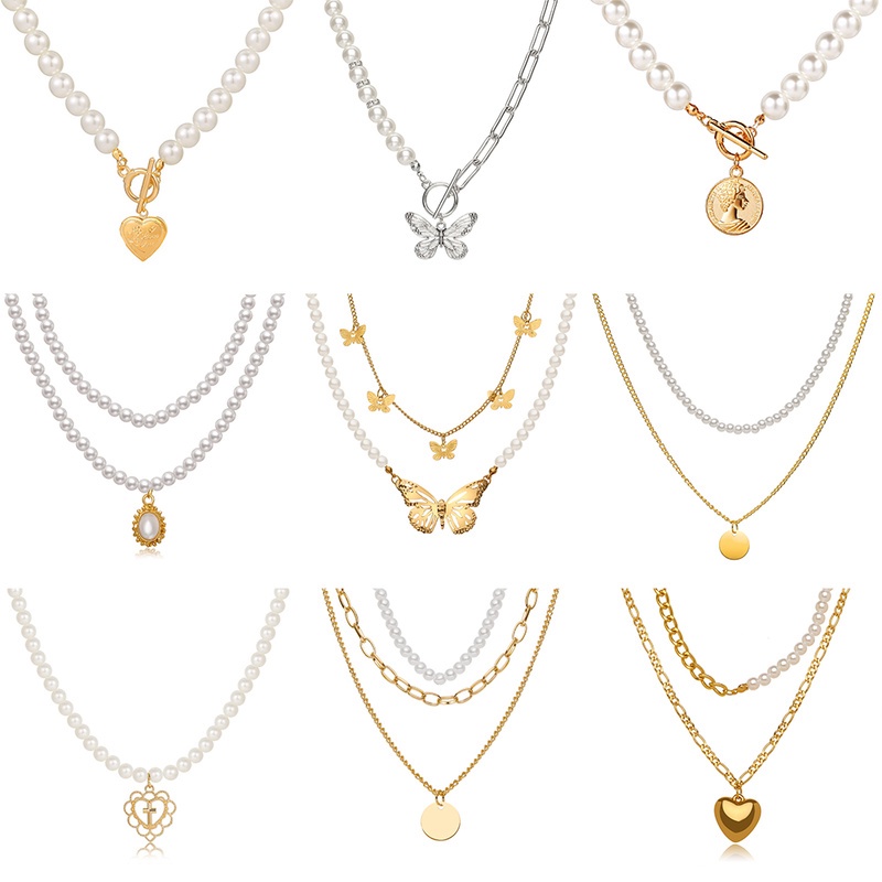 AY(CN) Kalung Multilayer Liontin Kupu-Kupu Mutiara Bentuk Hati Bulat Warna Emas Perak Gaya Retro Untuk Wanita