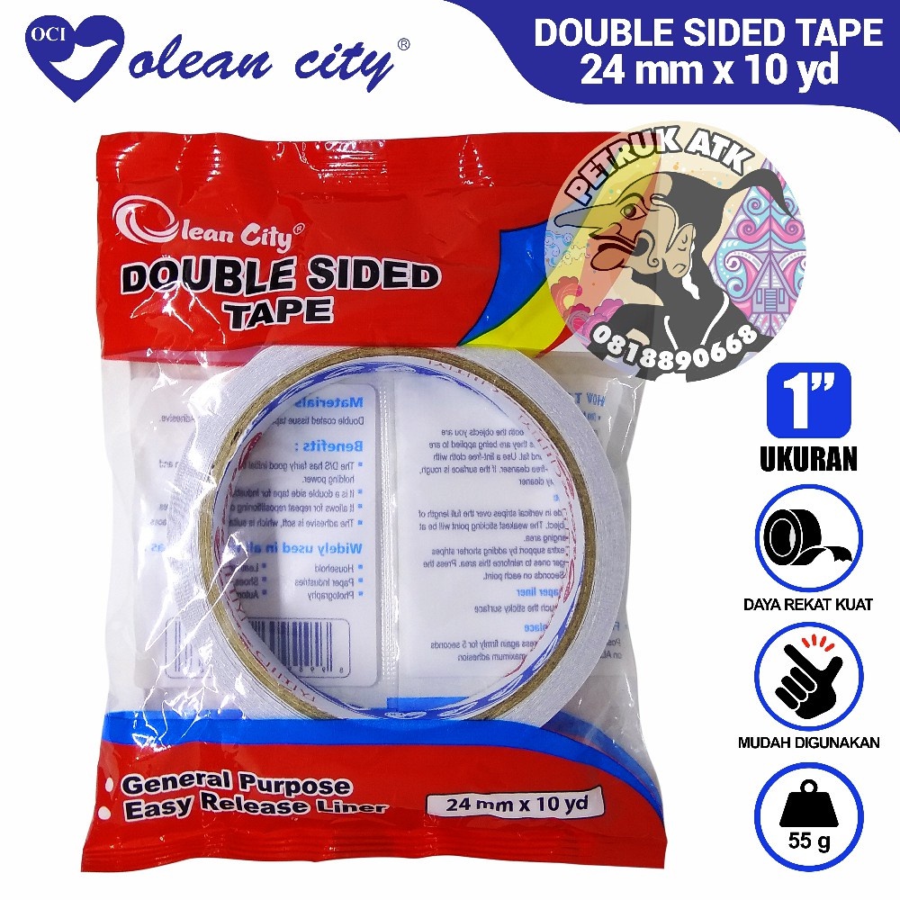 

[ROL] ISOLASI DOUBLE TAPE OLEAN CITY 1 INCH / 24 MM X 10 YARD / DOUBLE SIDE / BOLAK-BALIK / TAPE DUA SISI