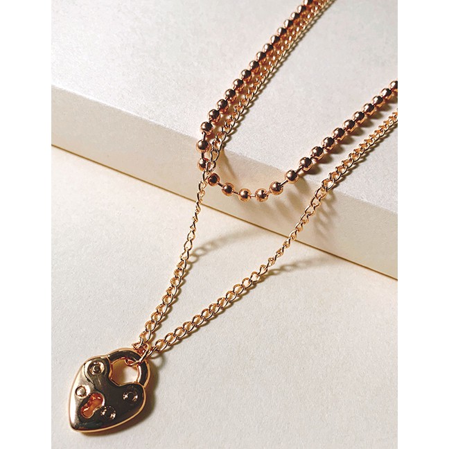 LRC Kalung Fashion Golden Alloy Heart-shaped Round Bead Hollow Multi-layer Necklace K43573