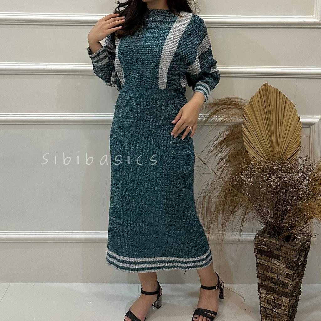 SIBIBASICS - One Set Wanita Cardigan + Rok Rajut Rib Knit Premium Tebal Korean Style Bahan Streach