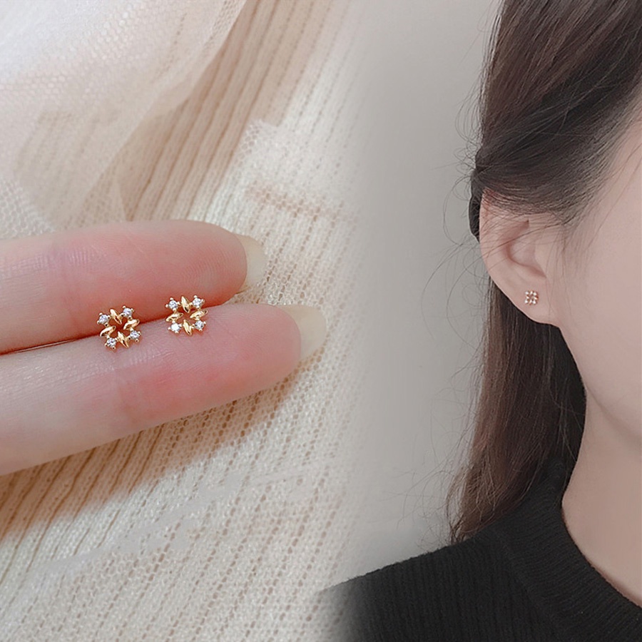 Korea Sederhana Anting Berlian Kristal Emas S925 Perak Fashion Wanita 1 Pasang Earring Stud