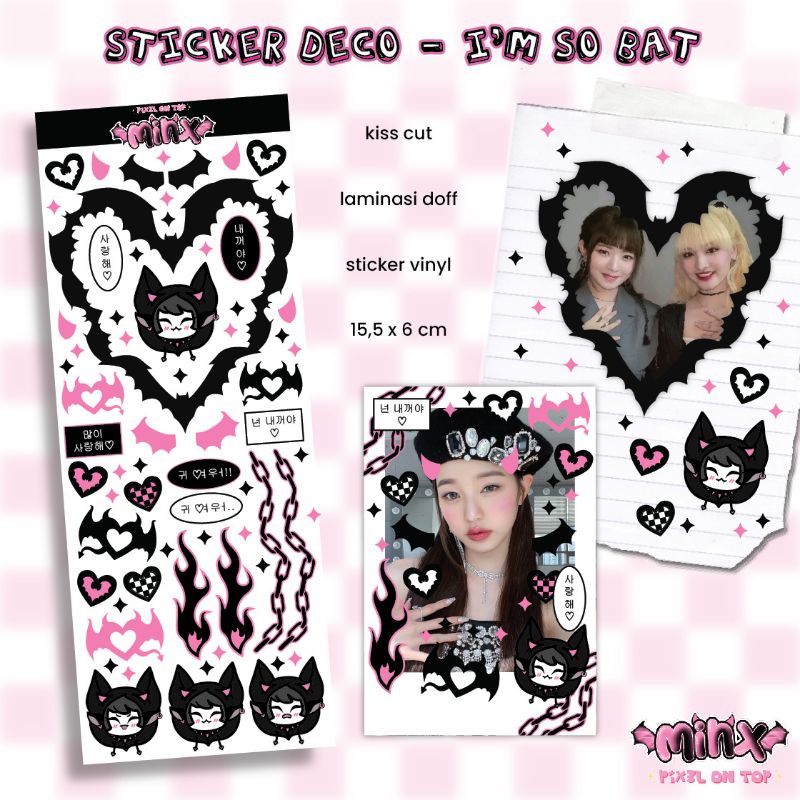 

Sticker deco 'MINX: I'M SO BAT' by PIX3L ON TOP | Aesthetic Dark Gothic Stiker untuk Toploader Jurnal Photocard Polco KPOP Kiss Cut Set Vinyl Korea Hangul Pink Black Series Kuromi Sanrio