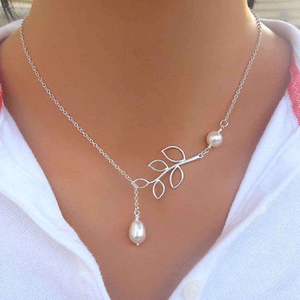 New Lady's Chic Simple Leaves Pearl Statement Choker Silver Chain Necklace Gift