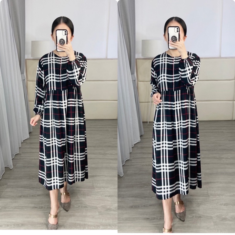 Midi Tunik Motif kotak /  rayon Tunik Premium / Tunik busui / midi dress busui