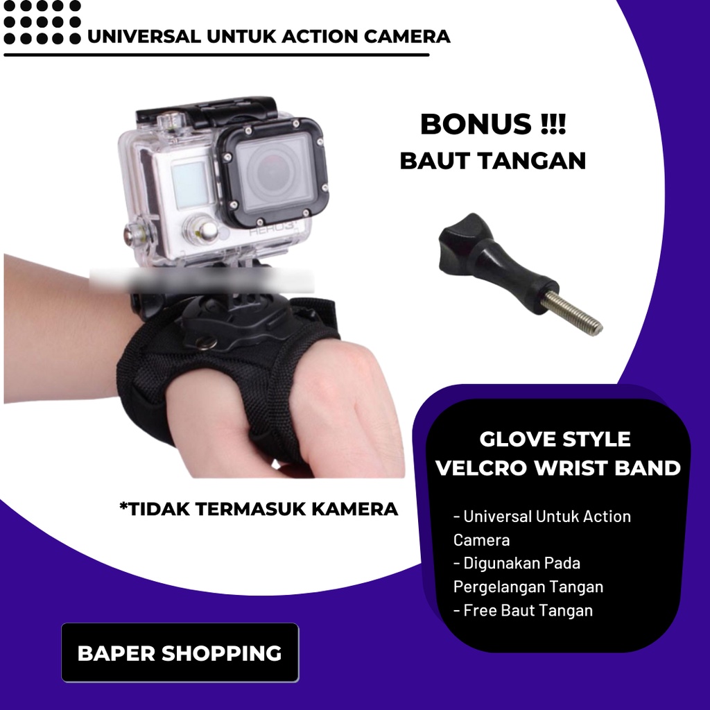 Glove Style Velcro Wrist Band with Mount 360 Derajat For Action Camera Xiaomi Yi Kogan Gopro Brica B