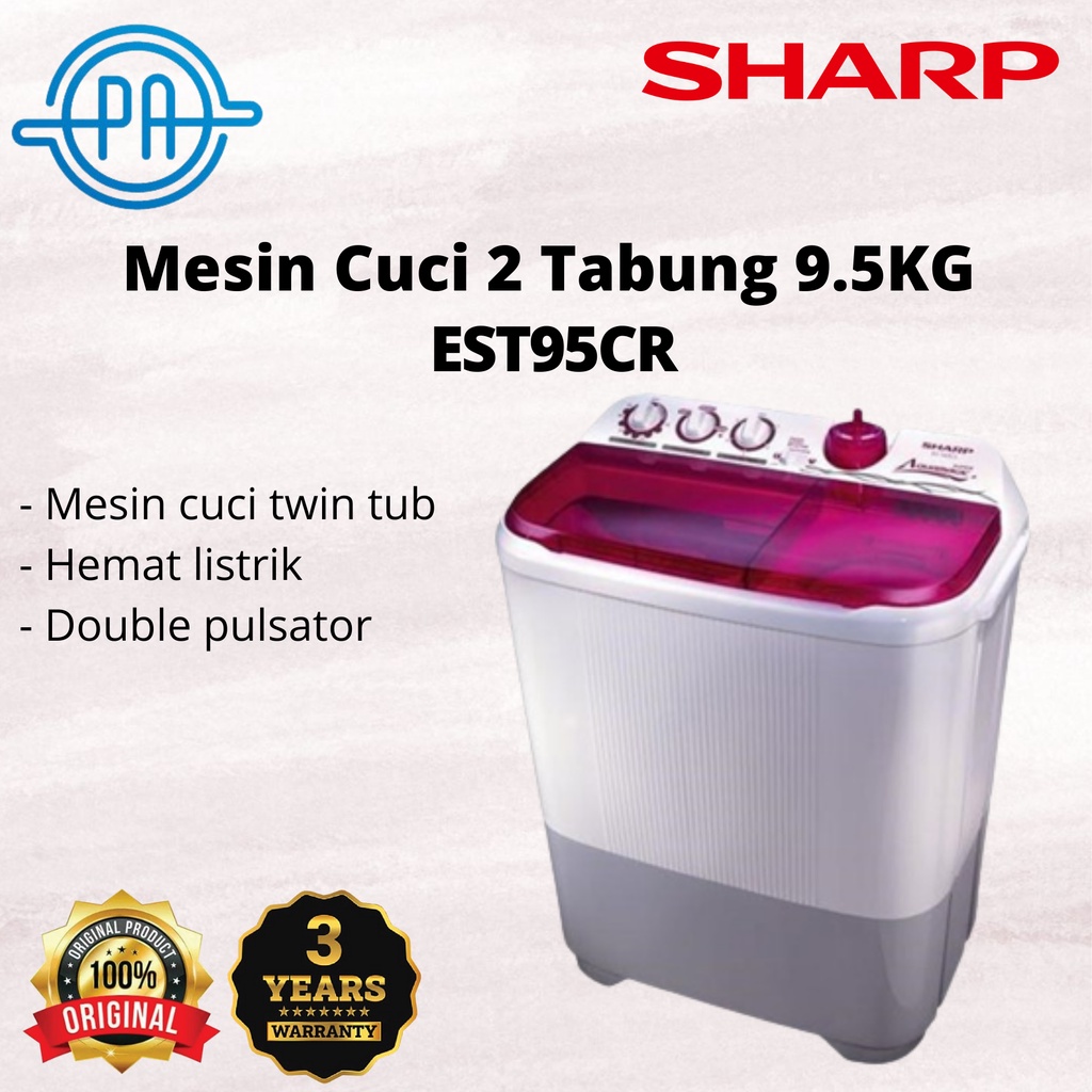 SHARP mesin cuci 2 tabung 9,5 kg EST-95CR EST95CR MESIN CUCI SHARP