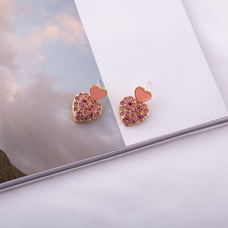 Anting 925 silver needle Bentuk Hati Aksen Berlian Warna pink