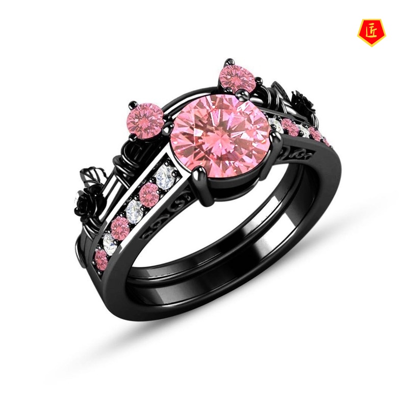 [Ready Stock]Creative Inlaid Color Moissanite Black Gold Rose Ring