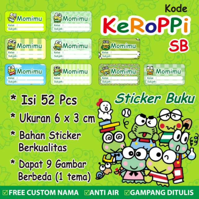 

Stiker/Sticker/Label Buku Pelajaran Anak/Remaja Custom Motif Keroppi