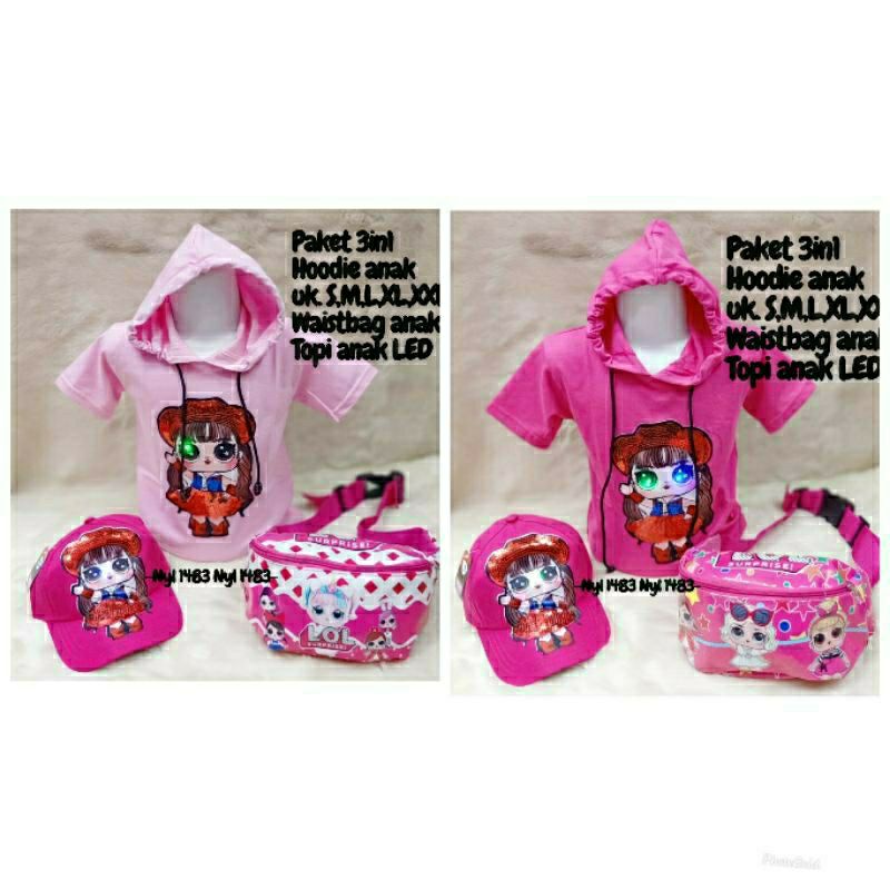 3in1 kaos Hoodie LoL gratis topi tas slempang anak t-shirt kupluk LED (Nyala)dapat waistbag dan topi Led