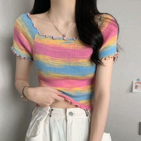 45610 Baju atasan blouse Cropped crop krop top rajut knit Sabrina Korean style wanita import baju at