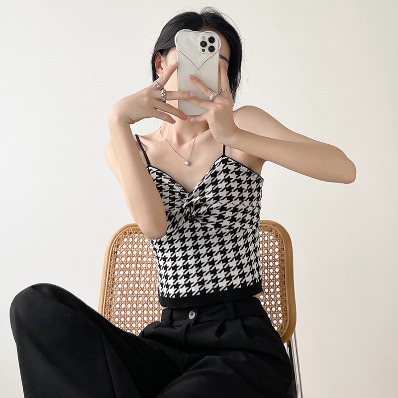 【Elegant】Korean Sexy Sleevless Plaid  Crop Top Tank Top  7485