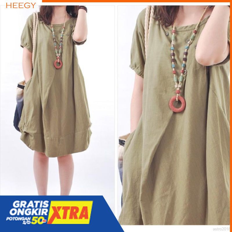 Dress Casual Lipit Lengan Pendek Bahan Katun Linen dan Longgar Oversize Ibu Hamil Gaya Wanita Korea