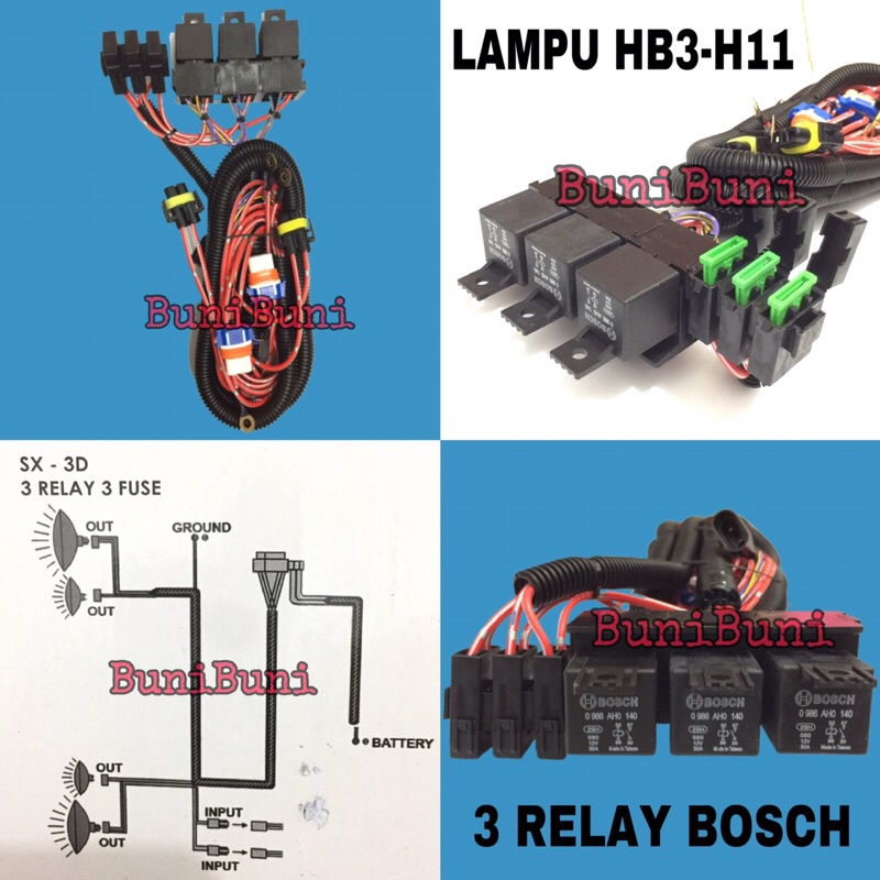 Kabel Relay BOSCH Komplit Untuk Lampu Mobil RUSH &amp; TERIOS - 3 Relay 4 Lampu - ORIGINAL