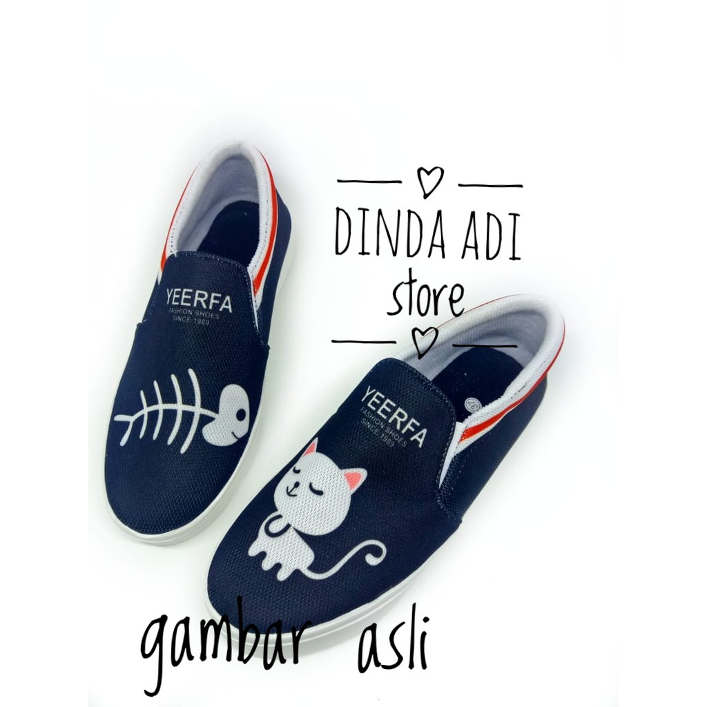 DINDA SEPATU WANITA SLIP ON BONES FISH CAT REALPICT 100% MURAH - HITAM