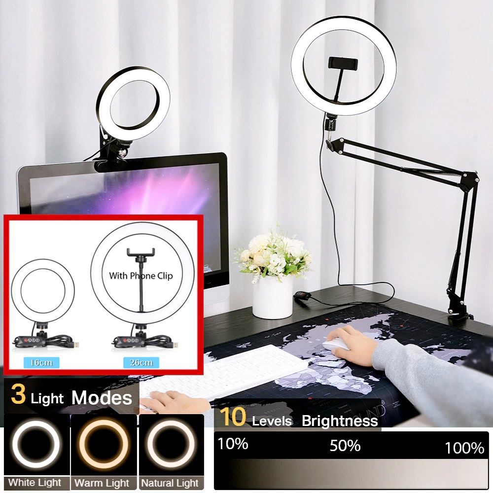 TaffSTUDIO Lampu Halo Ring Light Clip LED Kamera 26 cm with Smartphone Holder - RL-39 - Black