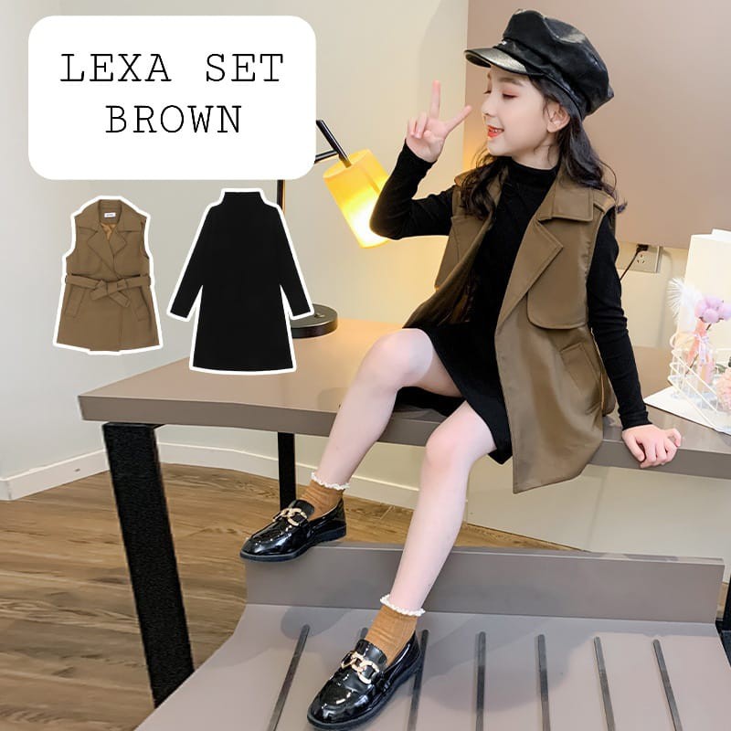 LEXA SET BROWN / DRESS ANAK KOREA IMPORT / BAJU TERUSAN ROMPI IMPOR / SETELAN REMAJA KASUAL