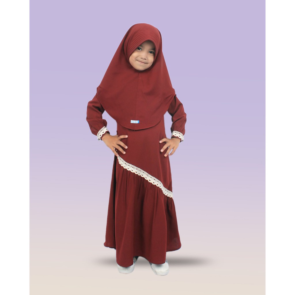 Salim Moslem-Busana Muslim/Gamis Anak Syari Renda Set Kerudung Jilbab Wolfis/toyobo Usia 1-10TH