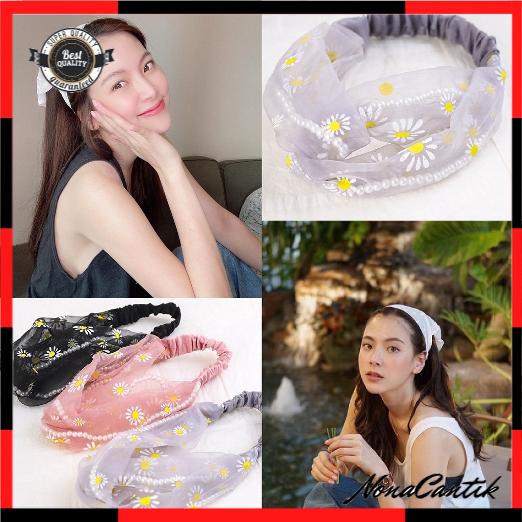 Bando Bahan Sifon Bandana Korea Chiffon Motif Bunga Daisy Untuk Aksesoris Rambut Wanita Mesh Twist Knot Wide Headband