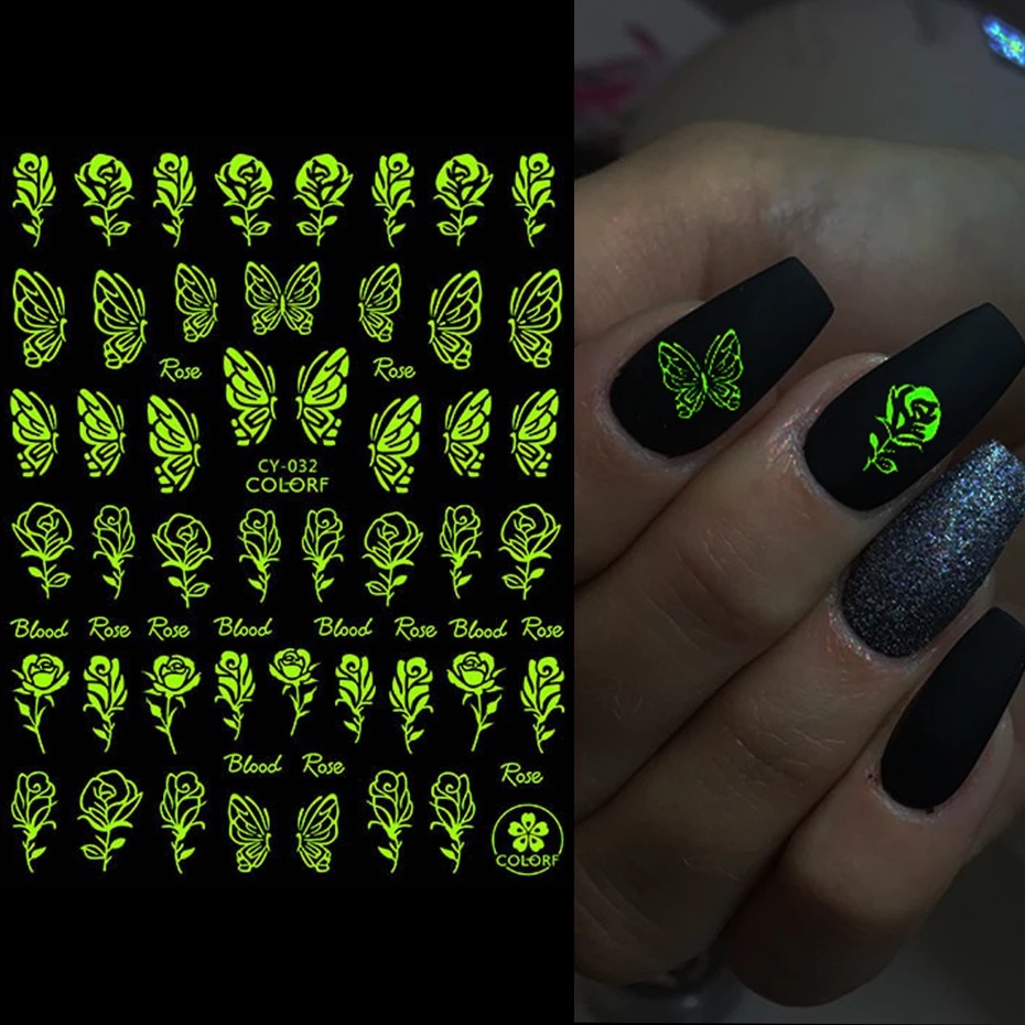 Stiker Kuku Desain Bunga Butterfly Api Bintang Bulan 3d Glitter Luminous Untuk Dekorasi Nail Art