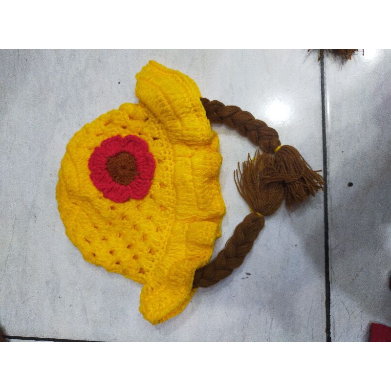 (BISA COD) TOPI KUPLUK ANAK BAYI KEPANG RENDA WIG HAT - KUPLUK KEPANG RENDA WIG HAT RAJUT TERBARU TERMURAH-Kuning kunyit